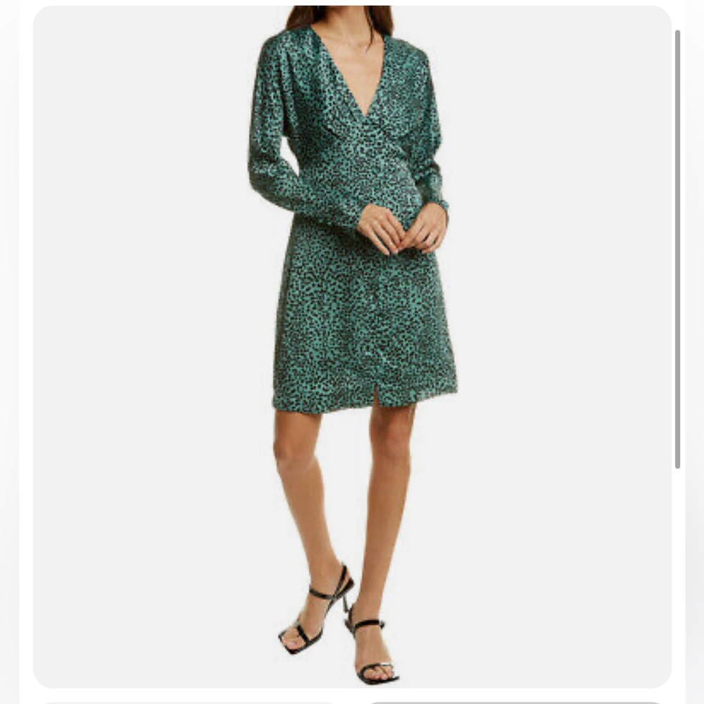 NWT Equipment Green V-Neck Roomily Leopard Print Satin Mini Dress SZ 2